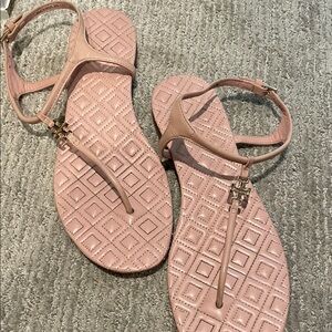 Tory Burch Blush Pink Quilted T-Strap Sandals with Logo Accent